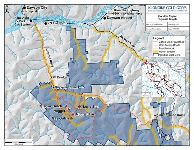 Map of the location of 2019 Drill Target Zones and nearby prospects for the Klondike District Property