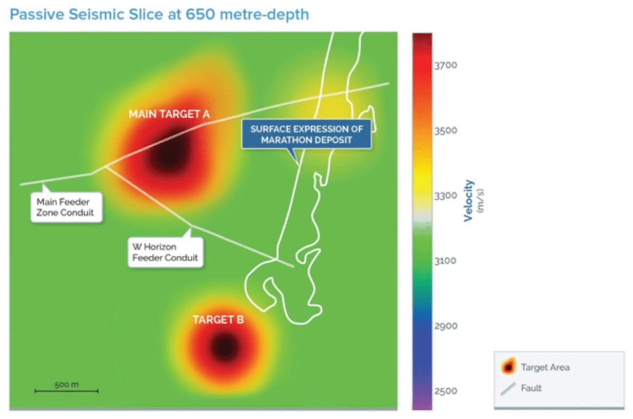 Map of a passive seismic slice at 650 metres at Generation Mining's Marathon Deposit