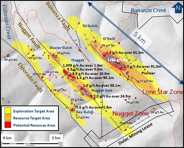 Location map showing Dulac Mining Lease in relation to the gold mineralized Nugget Fault.